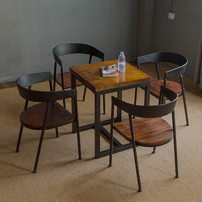 奶茶店咖啡厅二人方桌铁艺复古餐厅休闲桌子美式实木餐桌椅组合