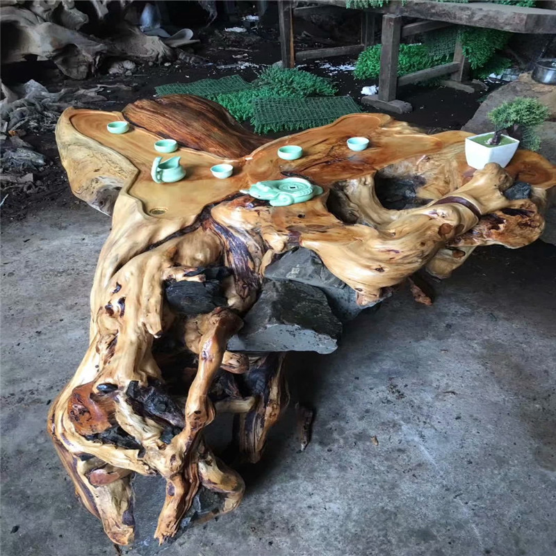太行崖柏根抱石流水茶桌崖柏根雕茶几茶台家用客厅办公会议室茶具