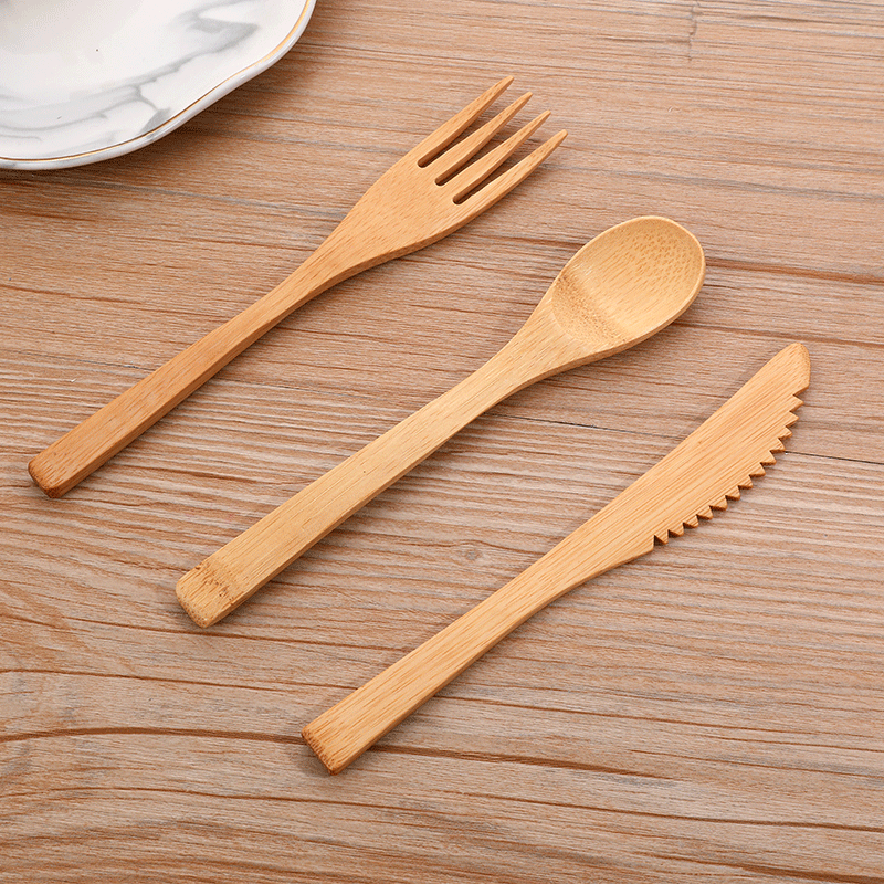 Bamboo Knife, Fork and Spoon Set 16cm Knife, Fork and Spoon Three-Piece Set Western Kitchenware Bamboo Tableware Travel Portable Set