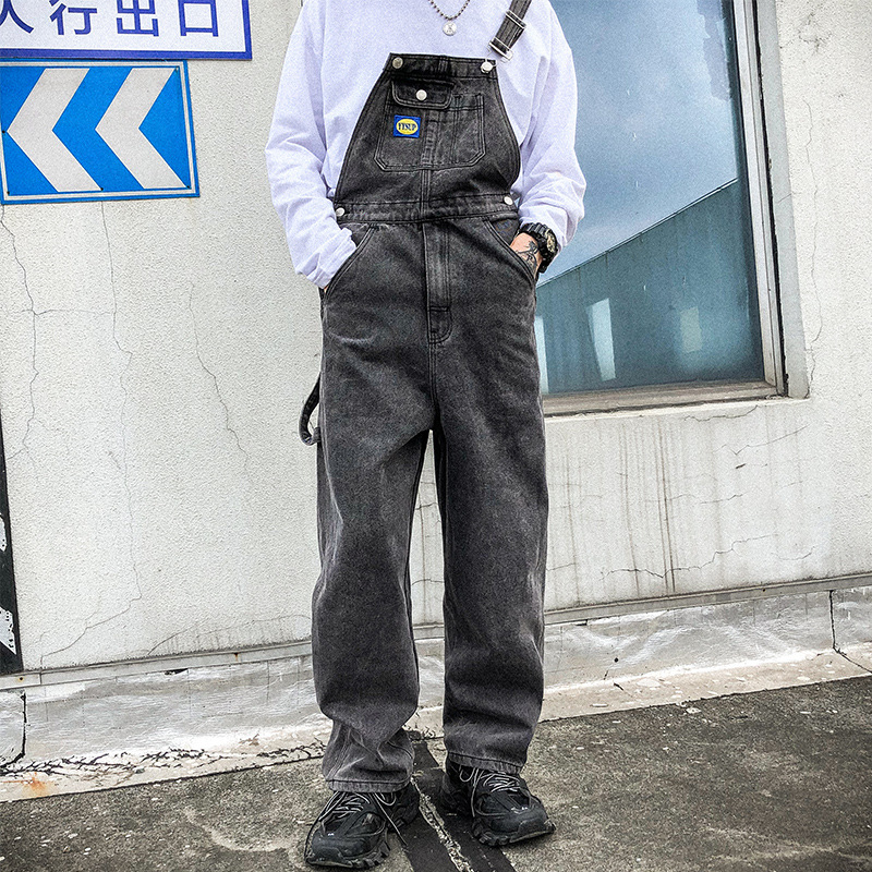 背带牛仔裤潮牌宽松连体工装阔腿裤男韩版直筒老爹吊带裤