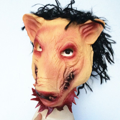 万圣节道具电锯惊魂3猪八戒面具带发半脸猪头面具恶搞恐怖鬼面具