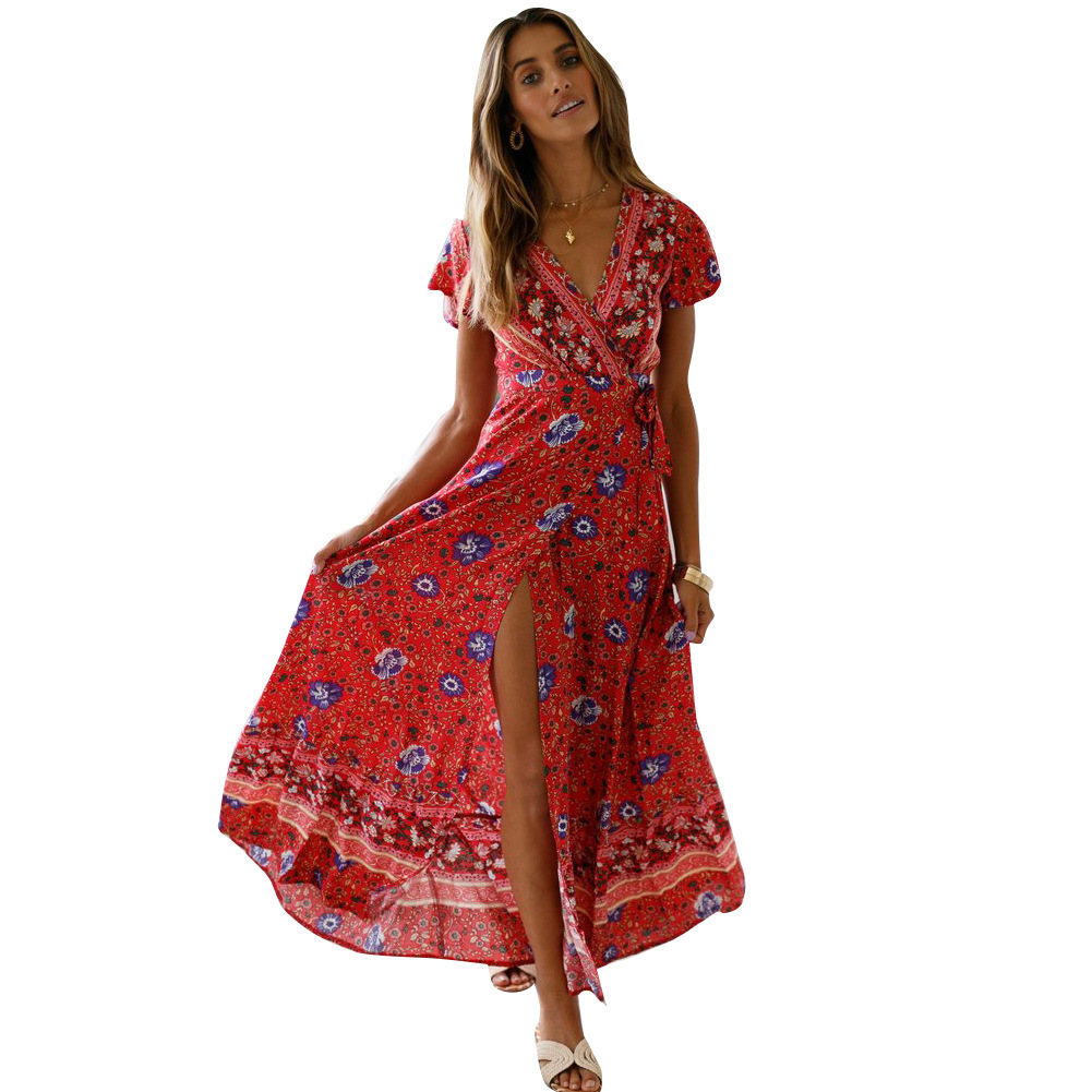 In Stock Cross-Border New Amazon Summer Casual Hot Sale Holiday Floral Print Dress Sexy Dress Women's Clothing