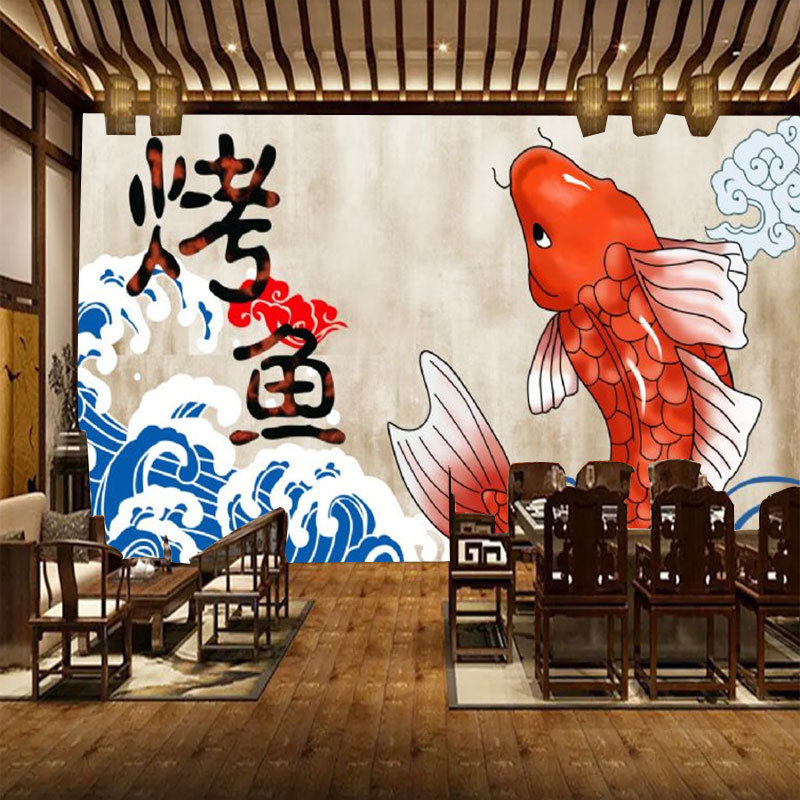 烤鱼店墙纸复古水煮鱼壁画酸菜鱼饭店重庆烤鱼餐厅背景墙壁纸墙布