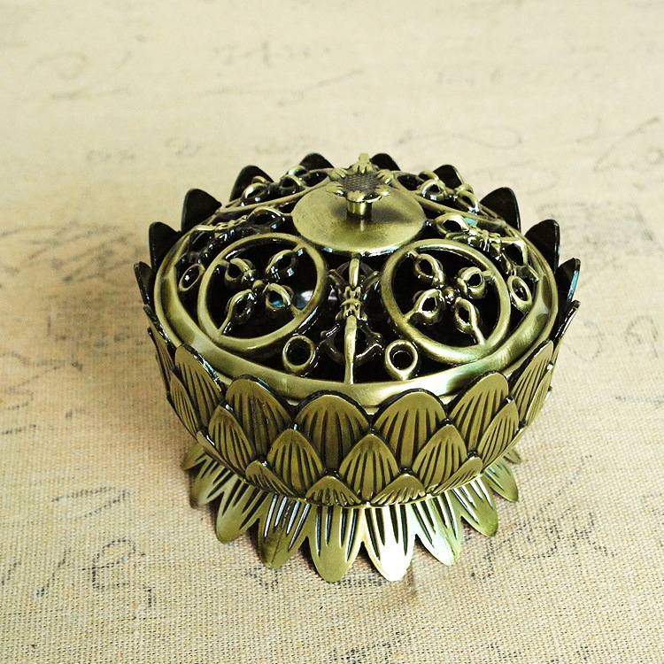 藏式合金八吉祥莲花佛堂供具塔双层莲花法器香炉合金莲花香炉