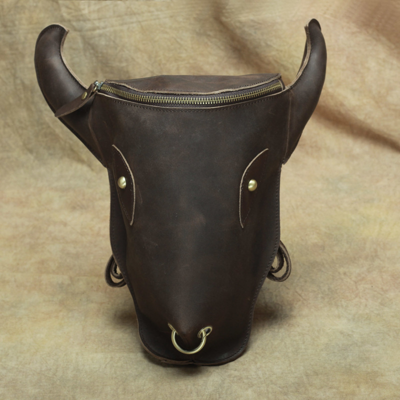 复古疯马皮双肩牛头包个性简约时尚真皮机车包男女情侣包潮包