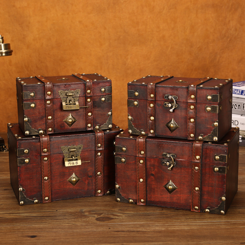 European Style Retro Wood Organizer Box with Lock Home Storage Box Wooden Box Decorative Ornaments Chamber Escape Stage Props Box