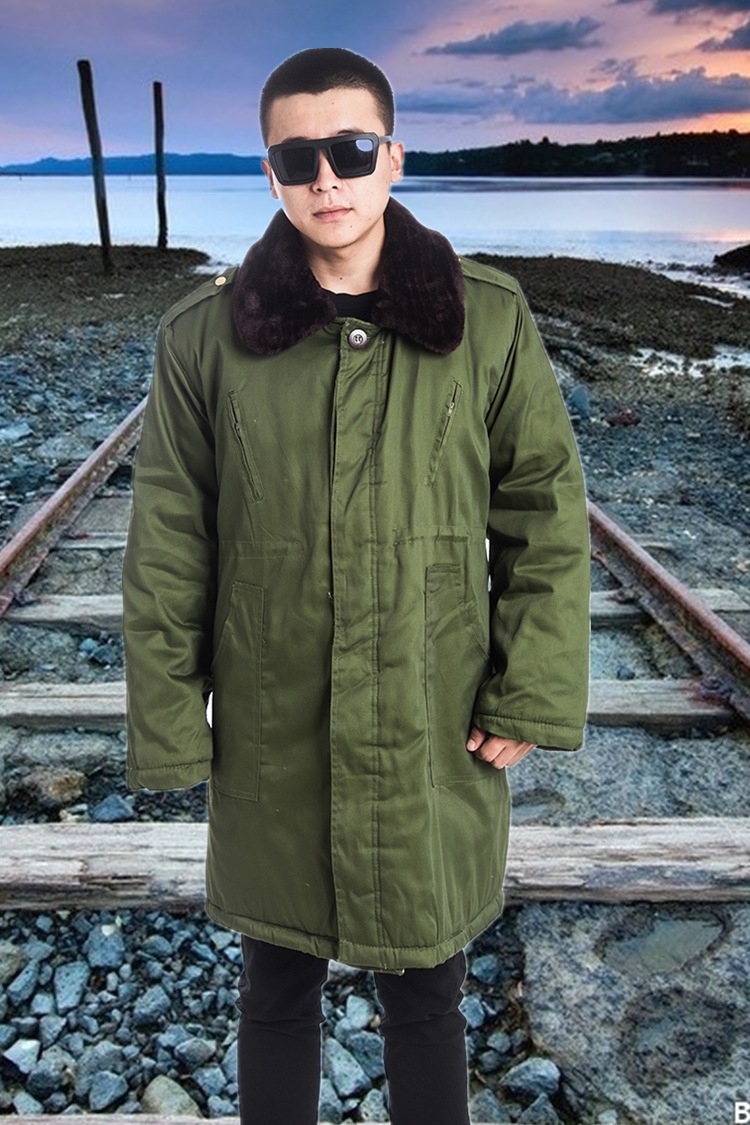 配发87士兵棉大衣中长军大衣带护膝陆空草绿防寒棉服骑车防寒服