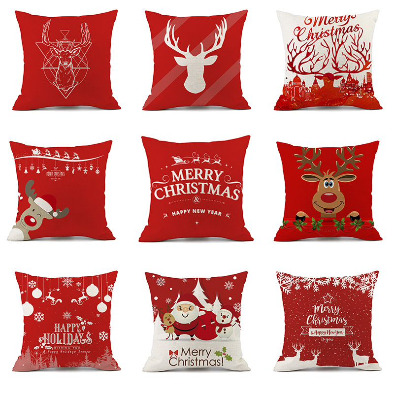 Amazon New Pillowcase Christmas Elk Santa Claus Red Festive Printed Linen Cushion Nap Backrest