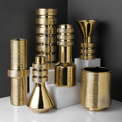 北欧ins现代家居装饰品拉丝螺母花瓶落地花器 轻奢白金色花瓶摆件