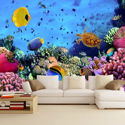 大型海底世界壁画海洋生物珊瑚深海鱼主题水族馆背景墙装饰墙纸布