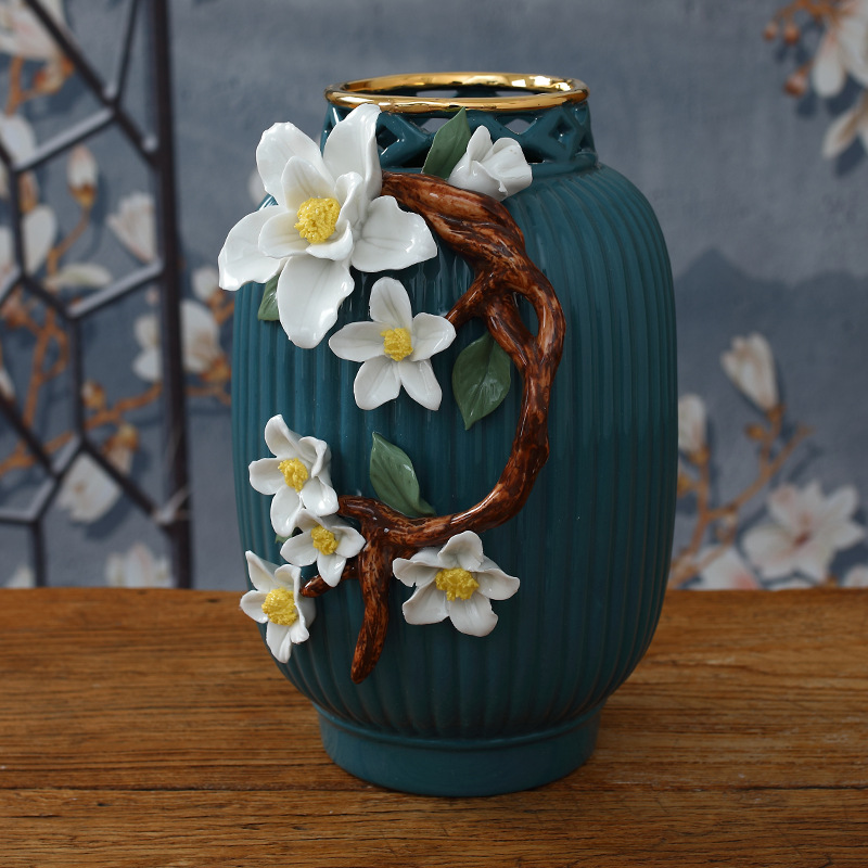 创意高档陶瓷花瓶大口宽口花器家居新中式客厅餐厅别墅插花摆件
