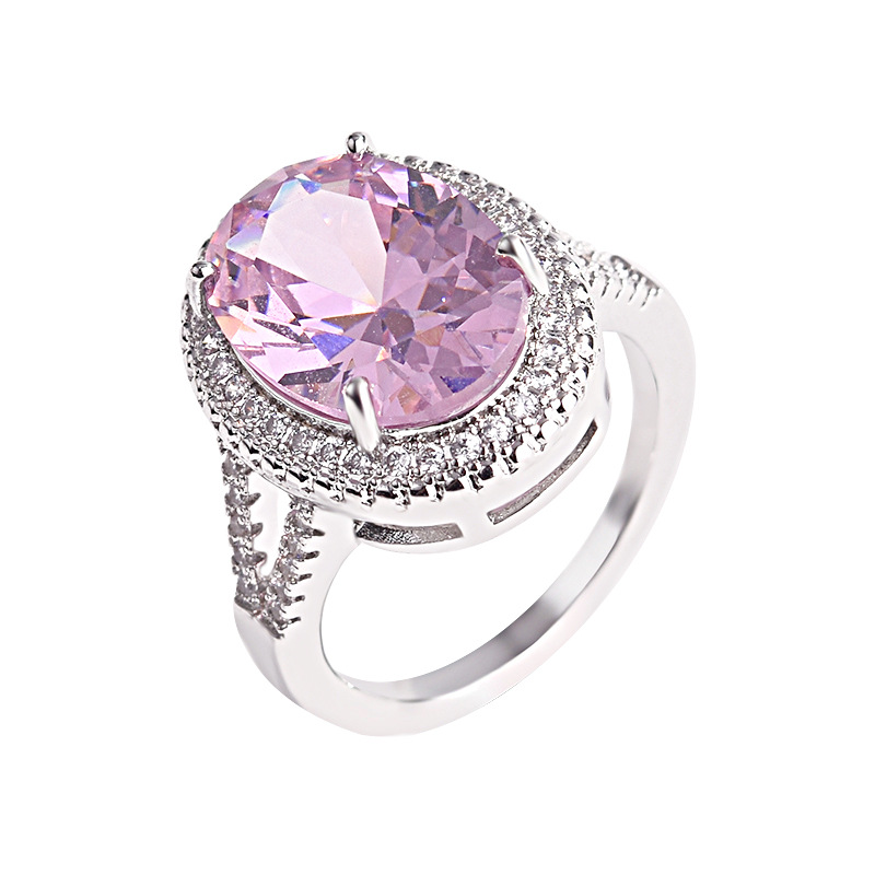 珠宝定制粉色彩钻欧美鹅蛋形微镶粉钻戒指优雅仿真锆石戒婚戒女