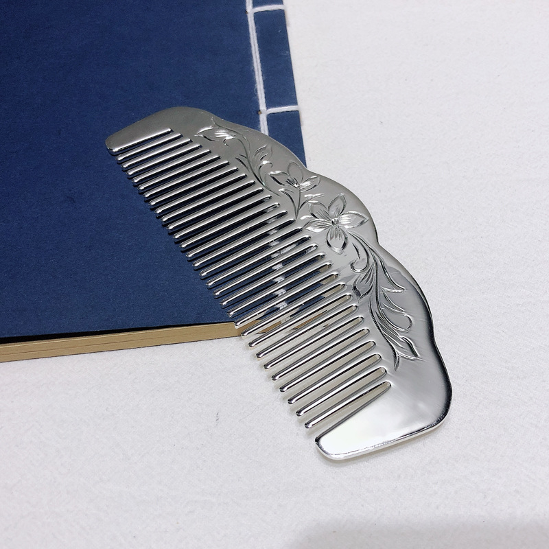 s999足银光面富贵花长眉梳纯银梳子节日送礼妈妈婆婆 克重83