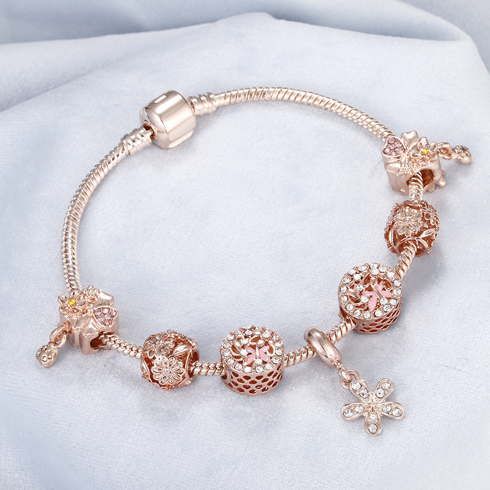 潘家玫瑰金手链 大象吊坠首饰浪漫梦幻蛇骨链子 琉璃珠定制款手镯