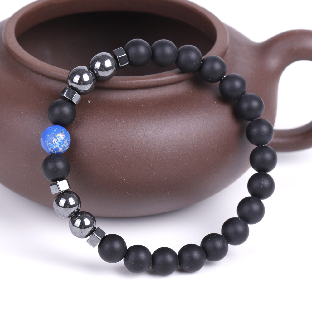 跨境速卖通新品手链六角黑铁矿圆珠磨砂黑石手链黑色帝王石手串