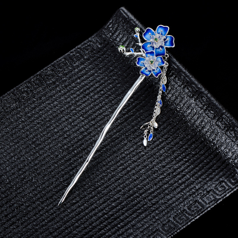 泰可泰925流苏古风发簪女盘发流苏步摇钗子烧蓝水晶簪子发饰批发