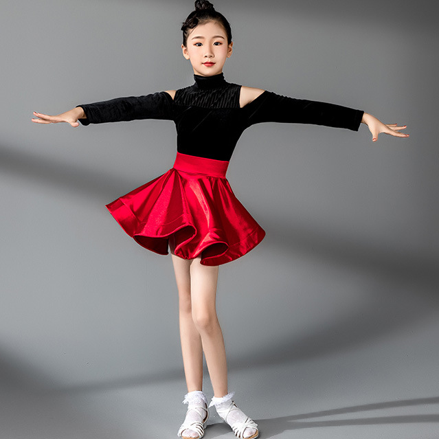 少儿拉丁舞服装儿童拉丁舞裙长袖露肩女童秋冬季舞蹈练功服演出服