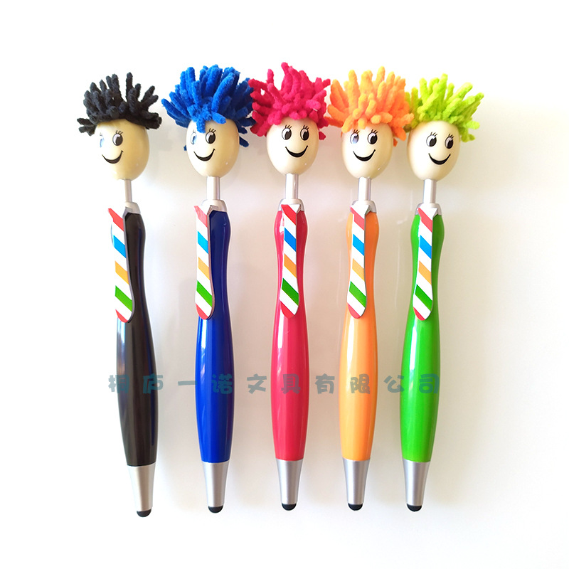 Supply Doll Head Plush Cartoon Hair Mop Head Smiley Face Expression Portrait Furry Head Touch Screen Cleaner Ballpoint Pen