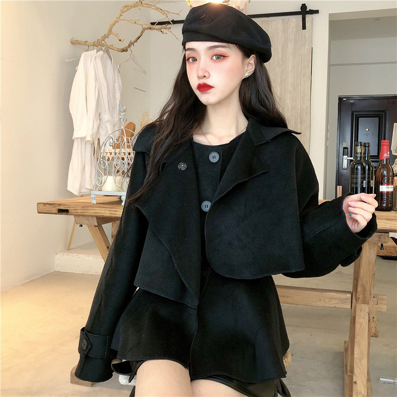 实拍短外套女长袖短款蝙蝠型斗篷 连衣裙两件套毛呢外套