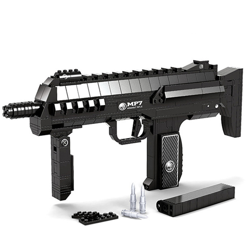 奥斯尼军事冲锋散弹枪城市拖头车绝地求生吃鸡拼装小颗粒积木玩具