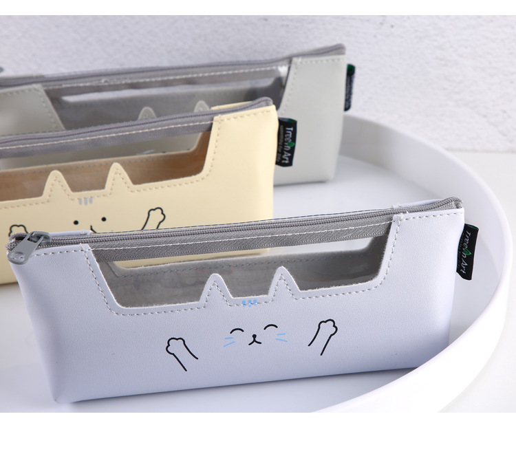 青壹坊pu皮半透明cat 倒梯形笔袋4款均发 可爱创意大容量学生文具