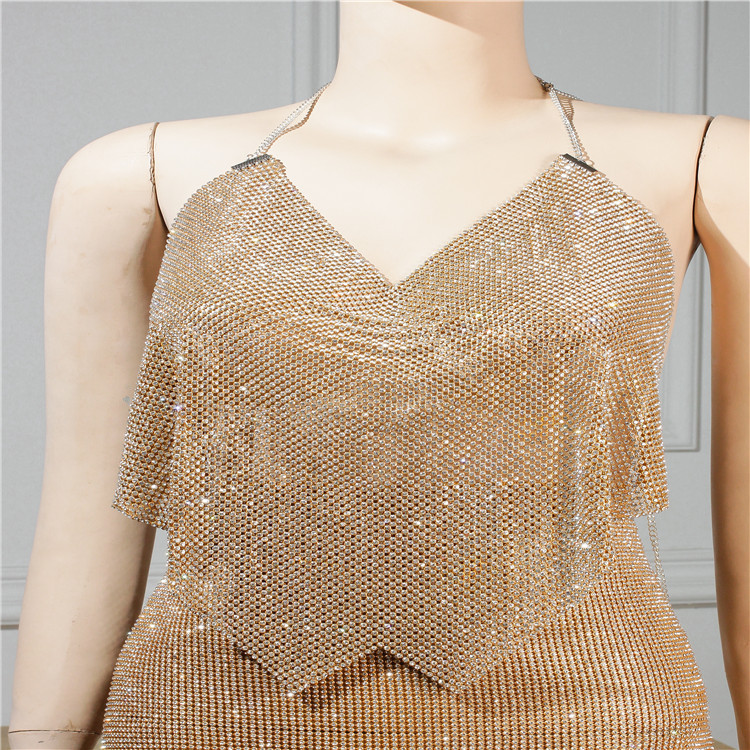 铝片衣服金属水钻系链吊带背心性感衣服比基尼镶钻金属钻石舞台装