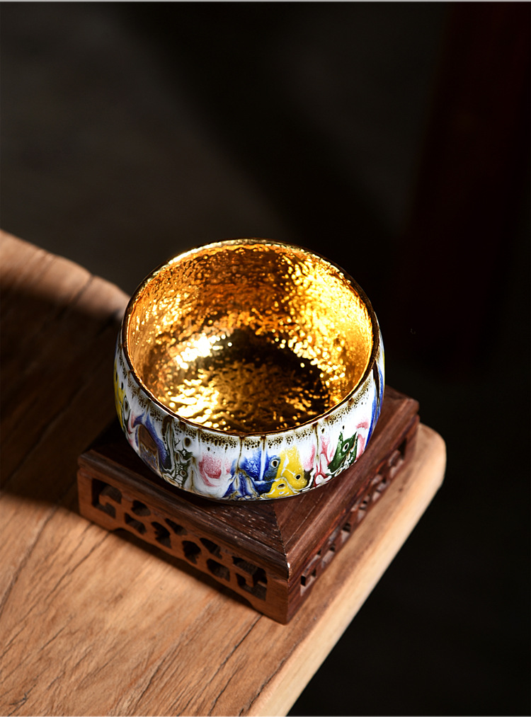 赖新奎 陶瓷鎏金品茗杯金茶杯24k纯金建盏功夫茶具茶碗主人杯单杯