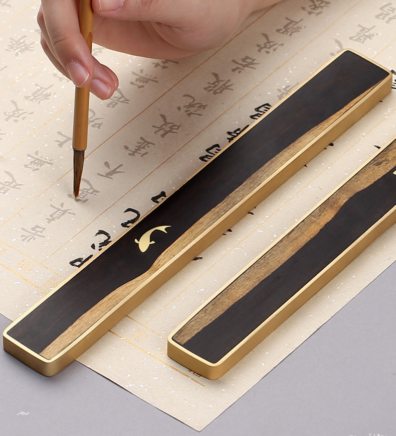 鱼戏嵌铜镇纸镇尺 实木质创意压纸书镇 书法压书摆件红木文房四宝