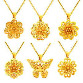 金泰盛首饰 24k铜镀金镂空花朵复古吊坠鎏金项坠仿黄金玫瑰花批发