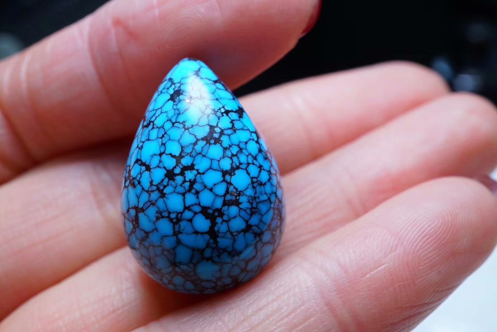 湖北纯天然原矿绿松石高瓷蓝乌兰花儿水滴型戒面 可镶嵌吊坠戒指