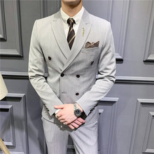 2023男士西装套装韩版修身商务条纹西服三件套宴会婚礼新伴郎