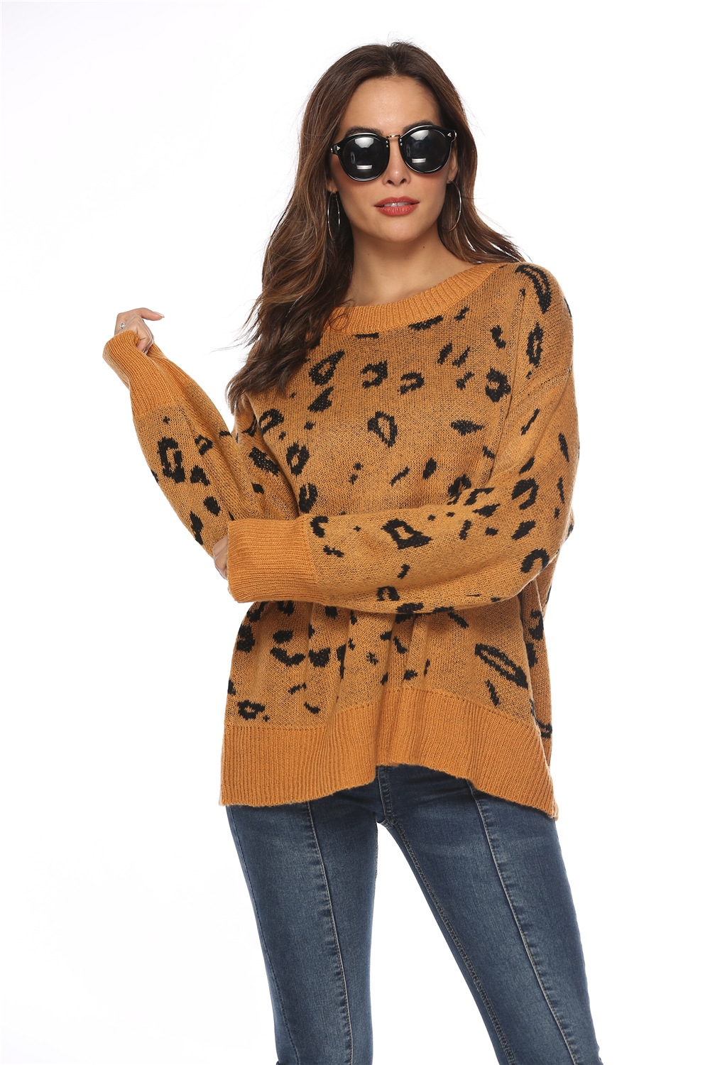 2019春季网红爆款女装欧美亚马逊速卖通豹纹针织衫毛衣女一件代发
