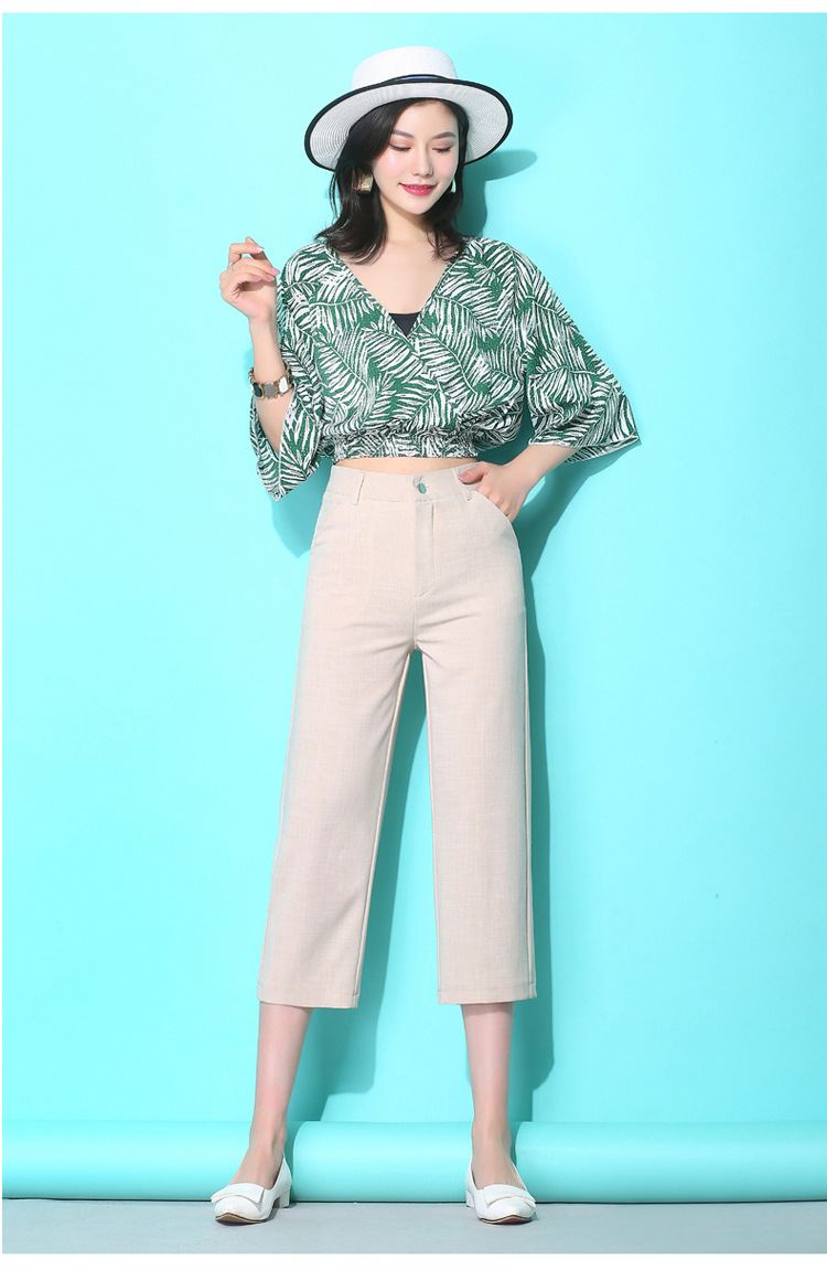 棉麻高腰阔腿七分裤女 2019夏季新品宽松亚麻料薄款休闲阔腿裤女