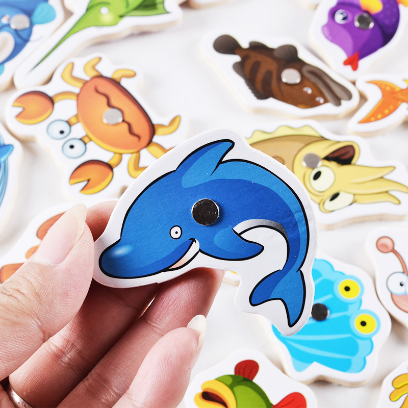 Factory Direct Sales Children's Early Education Wooden Magnetic 32 Pieces Double Rod Marine Life Cognition Fishing Parent-Child Interaction Toys