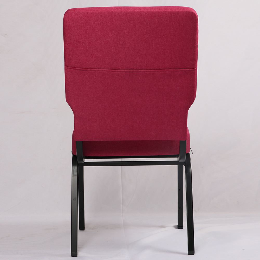 出口欧美金属框架带圣经袋连接扣红色麻布铁教堂椅子 可堆叠