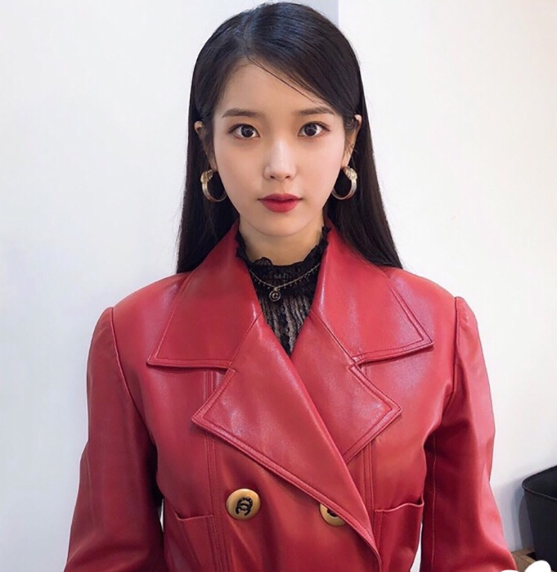德鲁纳酒店iu李智恩同款红色皮衣韩版双排扣收腰中长款风衣外套女