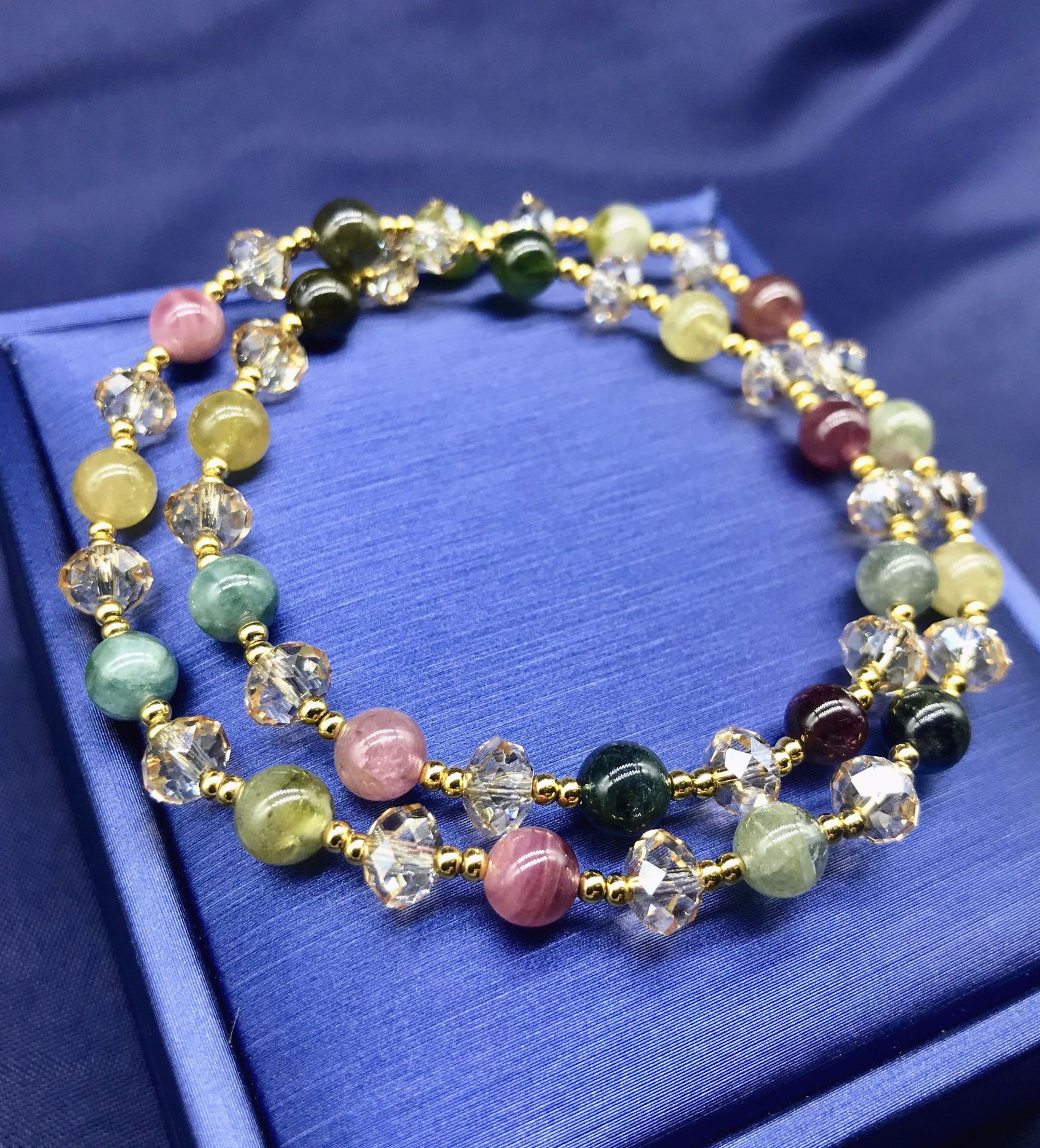 原创设计天然碧玺奥地利水晶两圈手链旺夫石百搭气质直播手串女