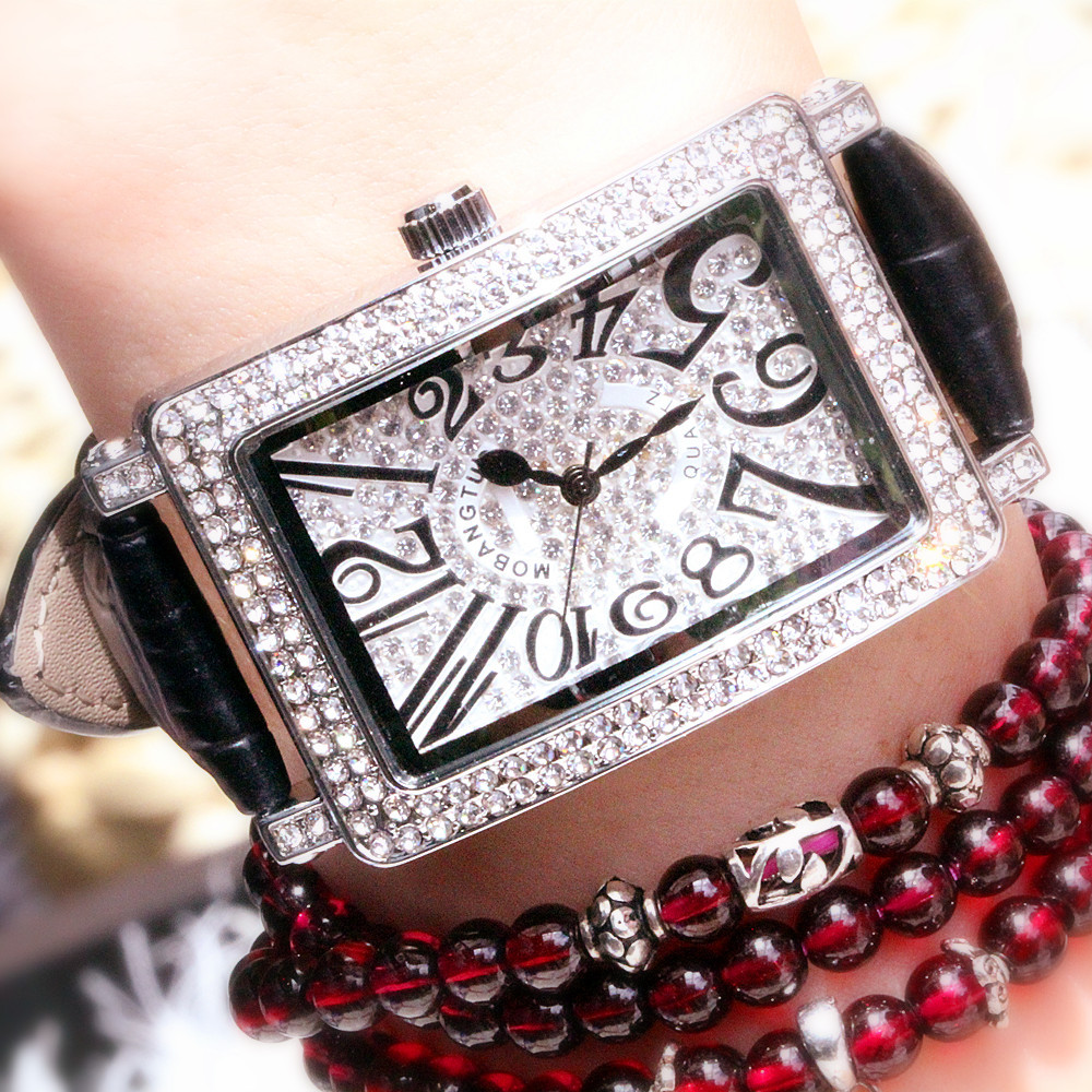 厂家直销正品手表女式满钻数字长方形个性真皮带石英时尚镶钻腕表