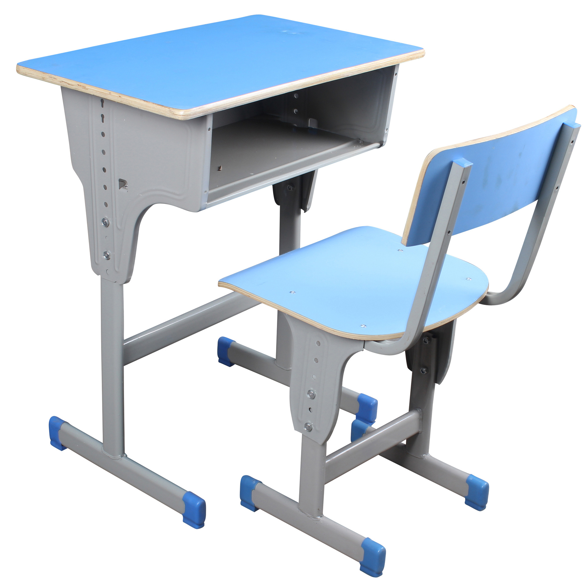 课桌椅单人双柱兰色包边pp塑料注塑椅面升降靠背椅高中小学