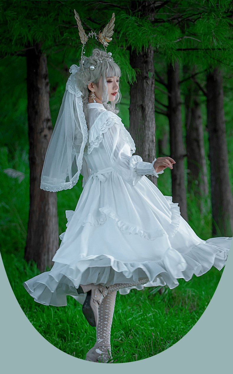 织锦园lolita洋装高领大摆蕾丝春秋季雪纺镂空袖宫廷复古连衣裙