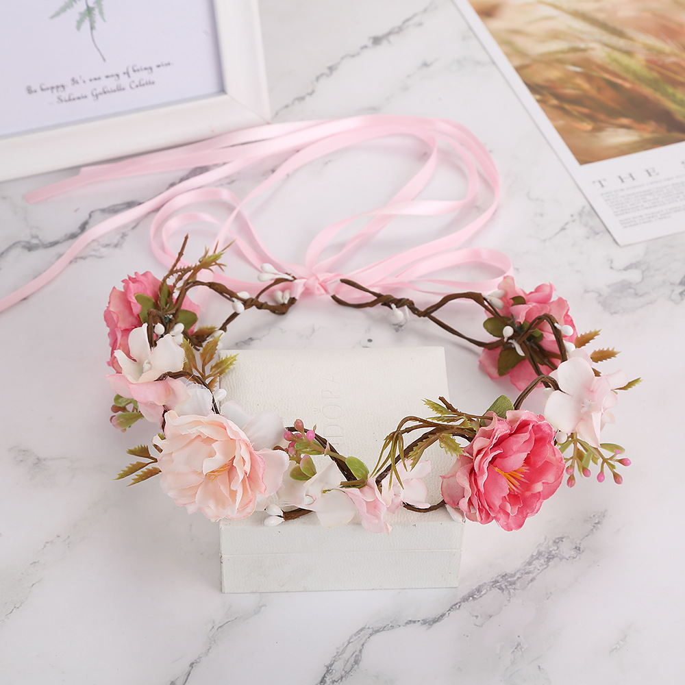 新娘头饰新款花环海边沙滩度假婚礼粉色头花环森系玫瑰发箍现货