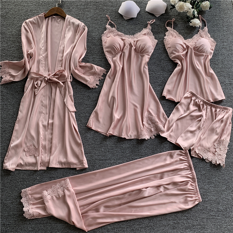 pajamas women‘s spring summer sexy imitated silk pajamas five-piece set suspender shorts nightdress nightgown home wear with chest pad