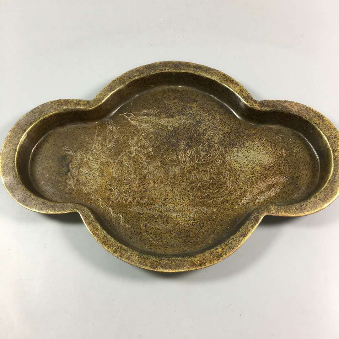 古玩杂项收藏仿古做旧老式黄铜铜盘图案绘画 果盘茶盘精美物件