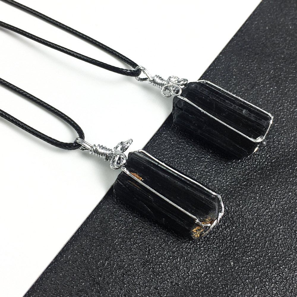 天然水晶黑碧玺原石吊坠绕丝黑碧玺电气石柱原石原矿吊坠