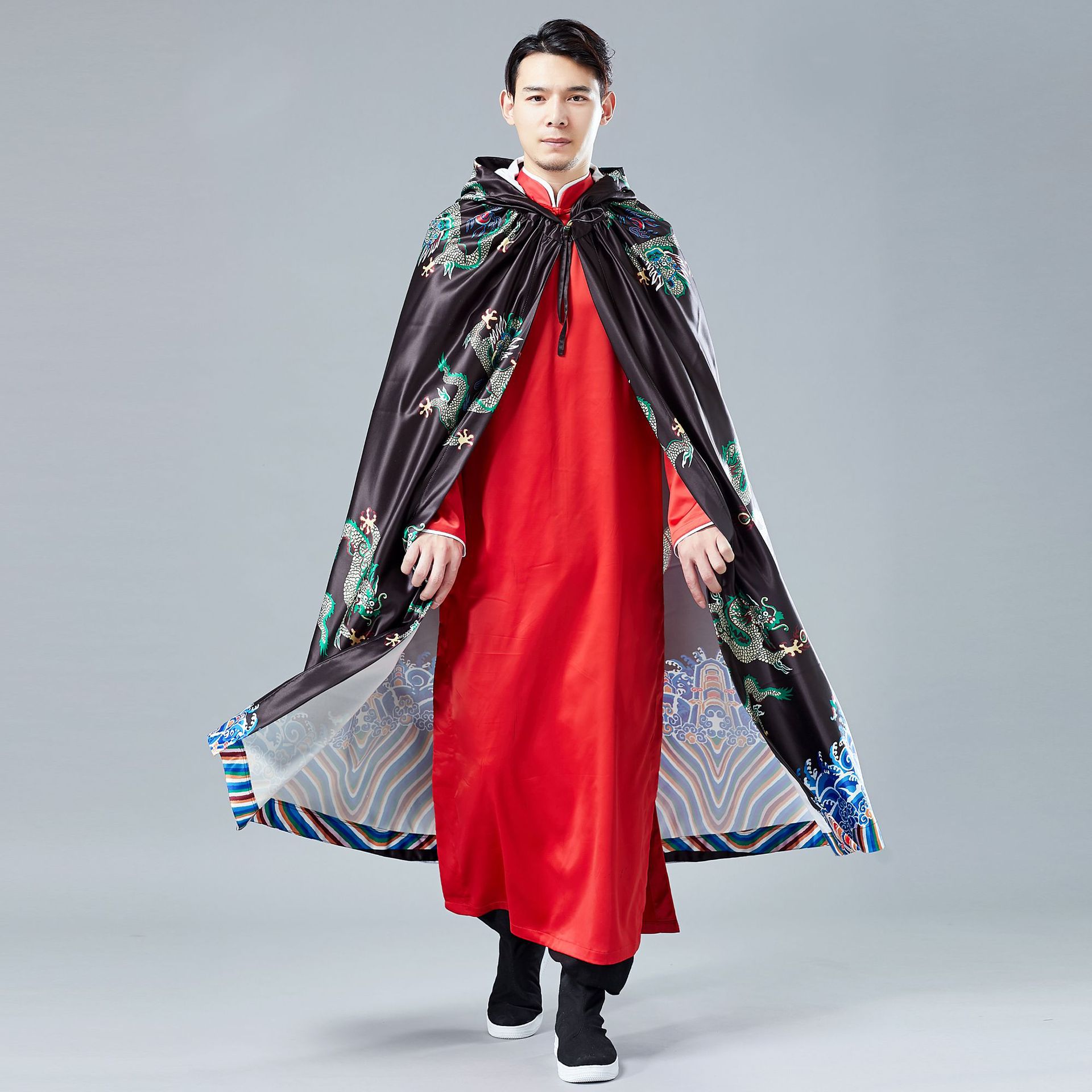 复古麻凡小龙斗篷中国风连帽斗篷披风春季加长款汉服男装 古风