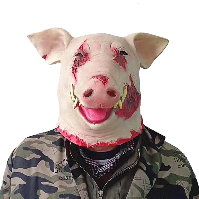 万圣节面具电锯惊魂猪头鬼面具乳胶恐怖大獠牙流血猪头猪八戒面具