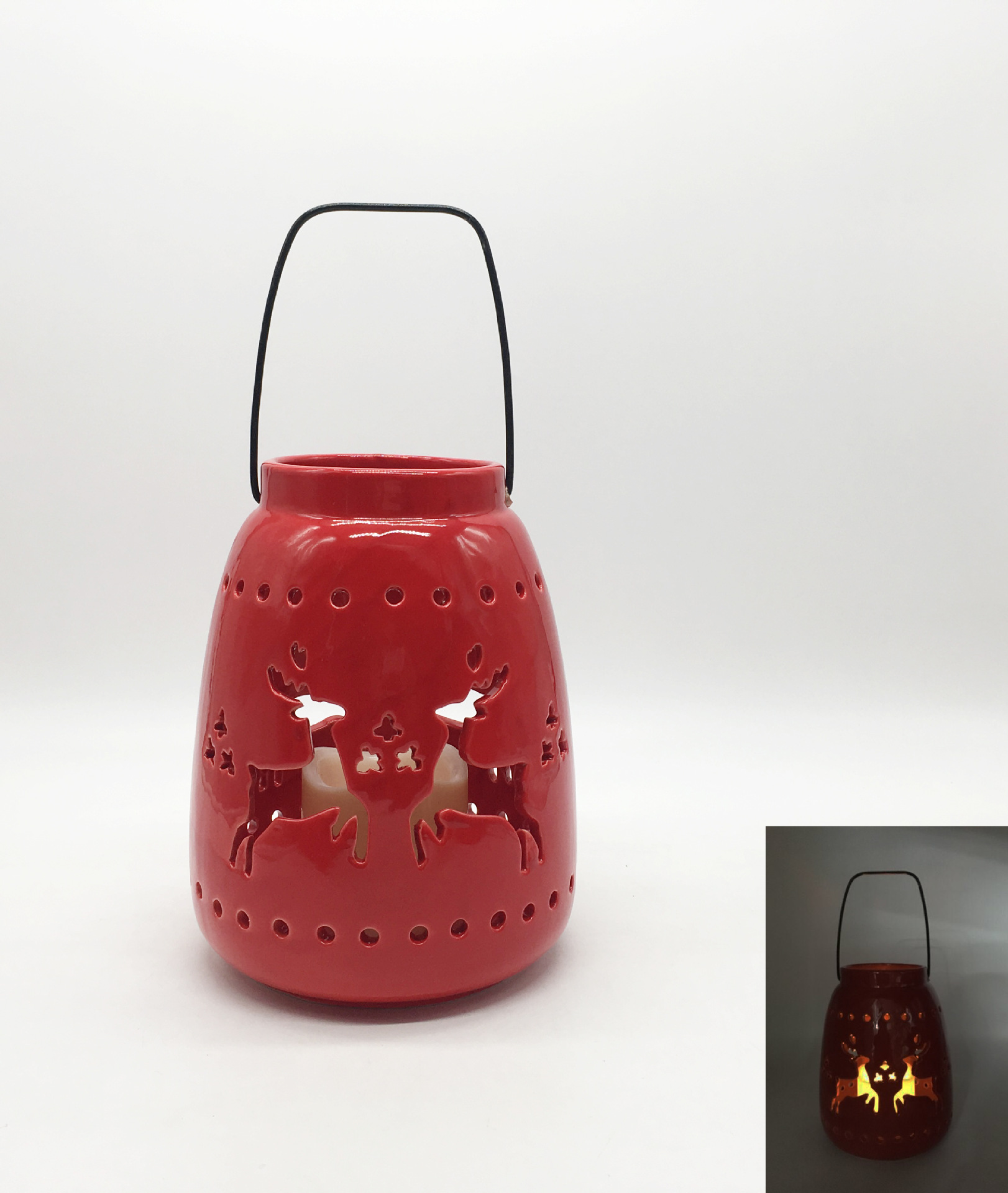 陶瓷圣诞风灯配led电子蜡烛新款圣诞手提灯个性马灯圣诞装饰品