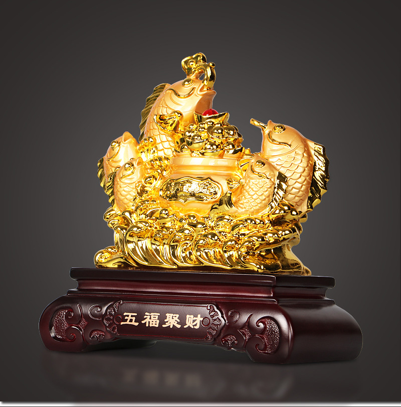 雅信树脂摆件新款8寸招财金鱼系列金色客厅书房办公室风水摆设品