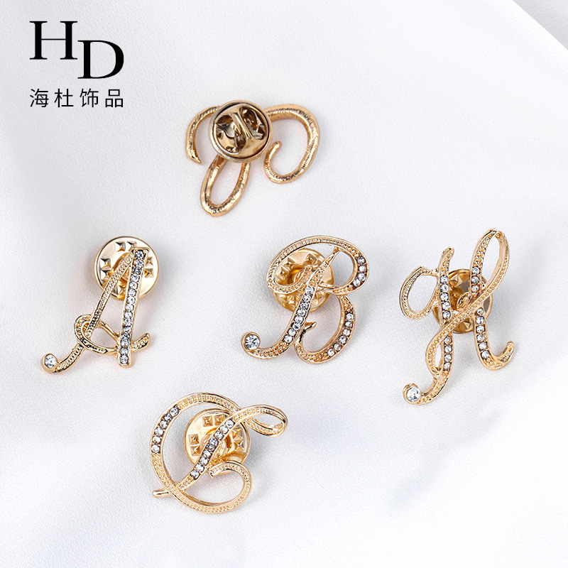 New Letter Brooch Clothing Accessories English Anti-Exposure Artifact Small Titanium Pin Rhinestone-Encrusted Collar Pin Female Brooch