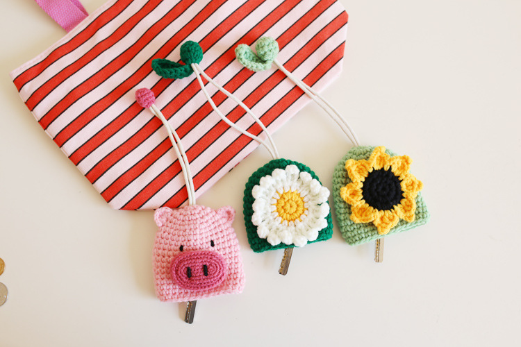 甜美花朵手工针织钥匙包 女士毛线钥匙保护套 创意百搭礼品
